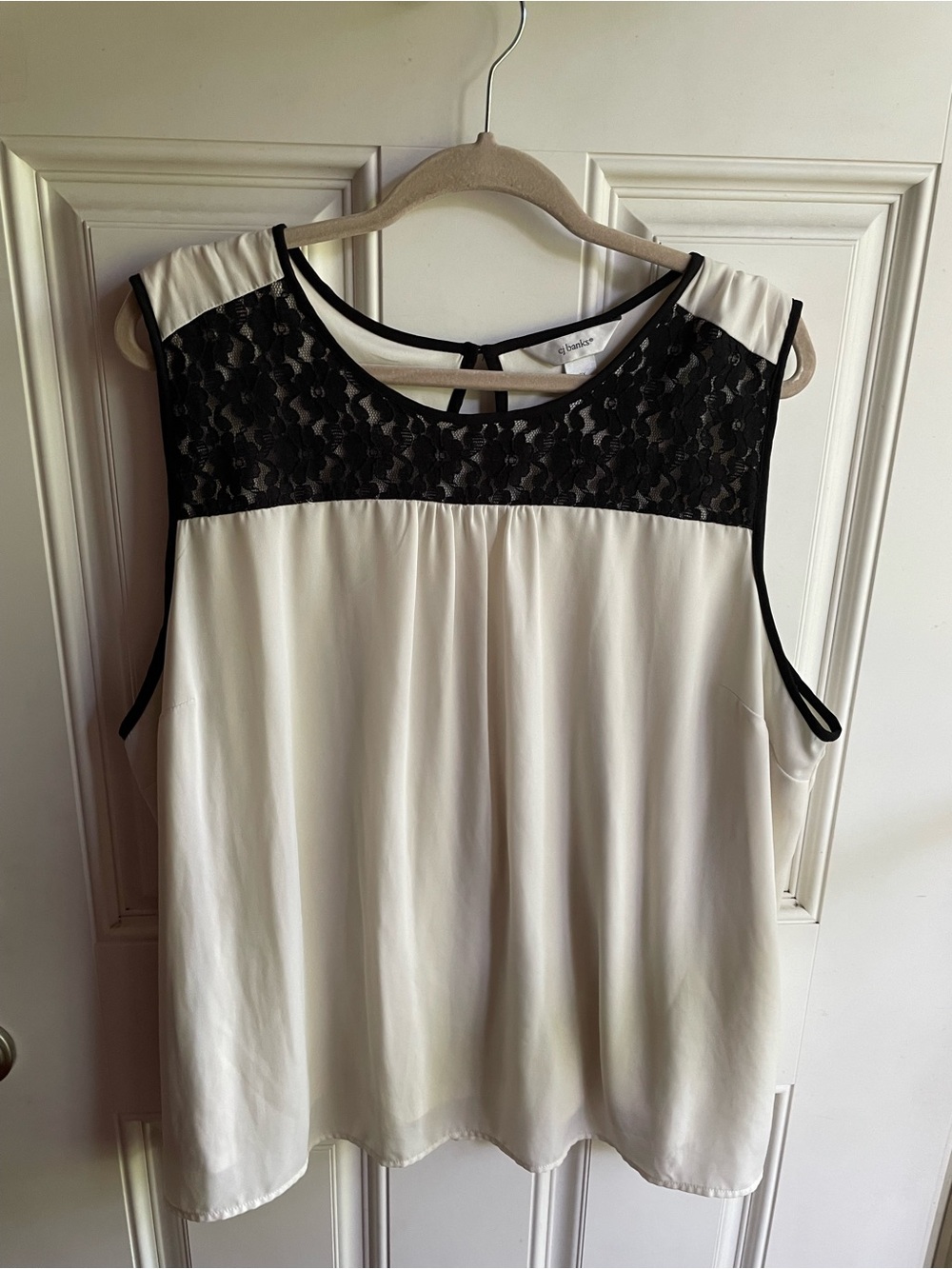 CJ Banks Cream Sleeveless Top with Black Lace Yoke